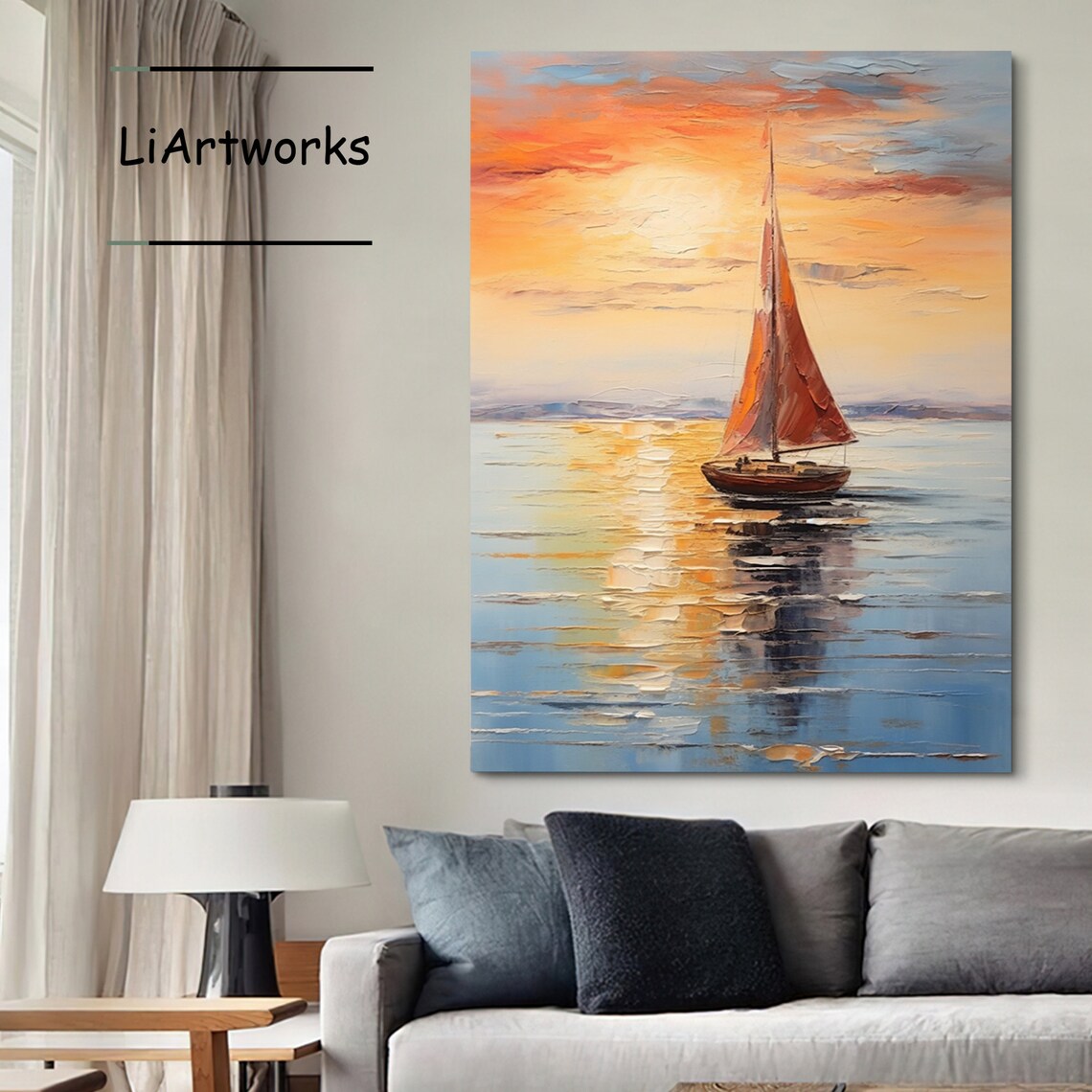 Sailboat At Sunset Orange Sails Textured Seascape Painting Poster - Image 3