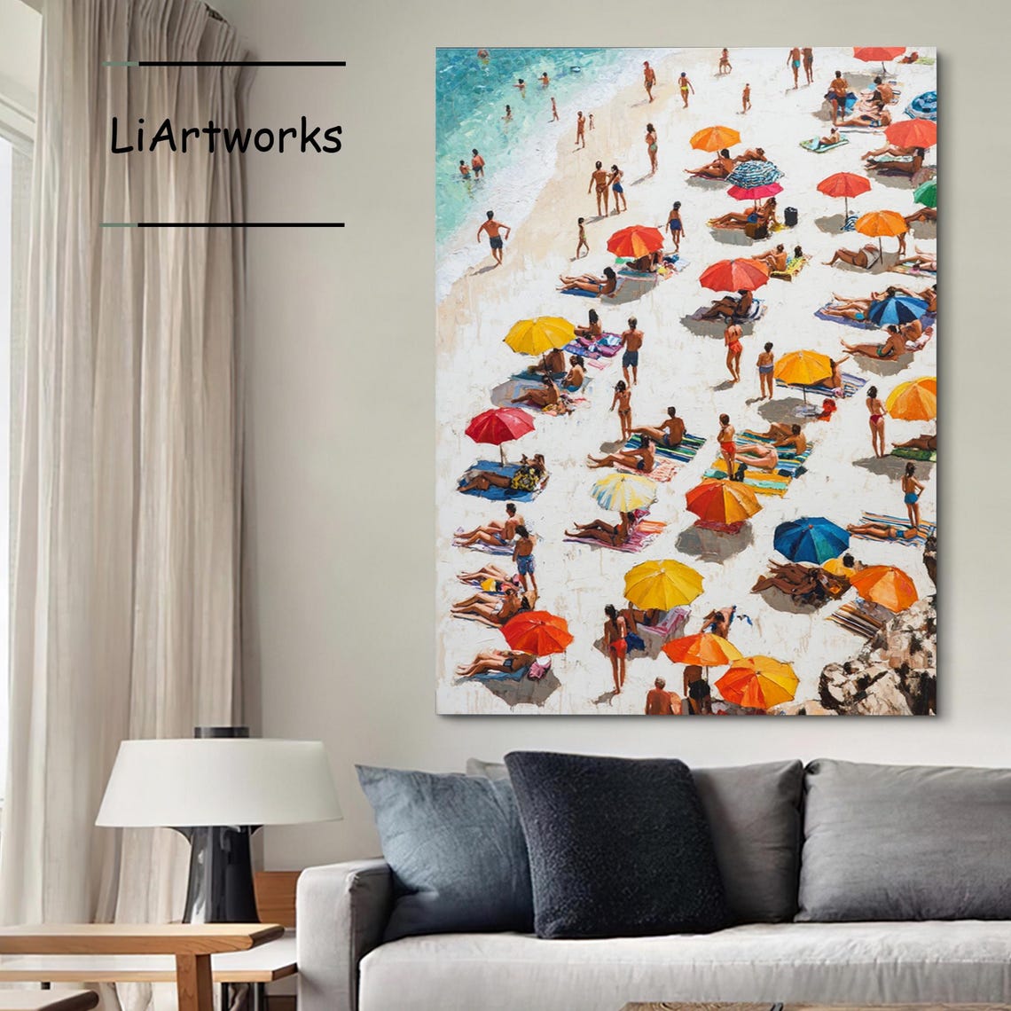 Sunny Beach Party Red Umbrellas Ocean Surf Summer Scene Art Poster - Image 3