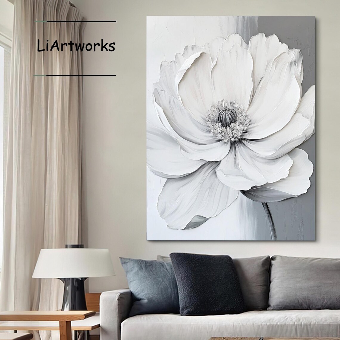 White Flower Close Up Gray Textured Impasto Floral Art Poster - Image 3