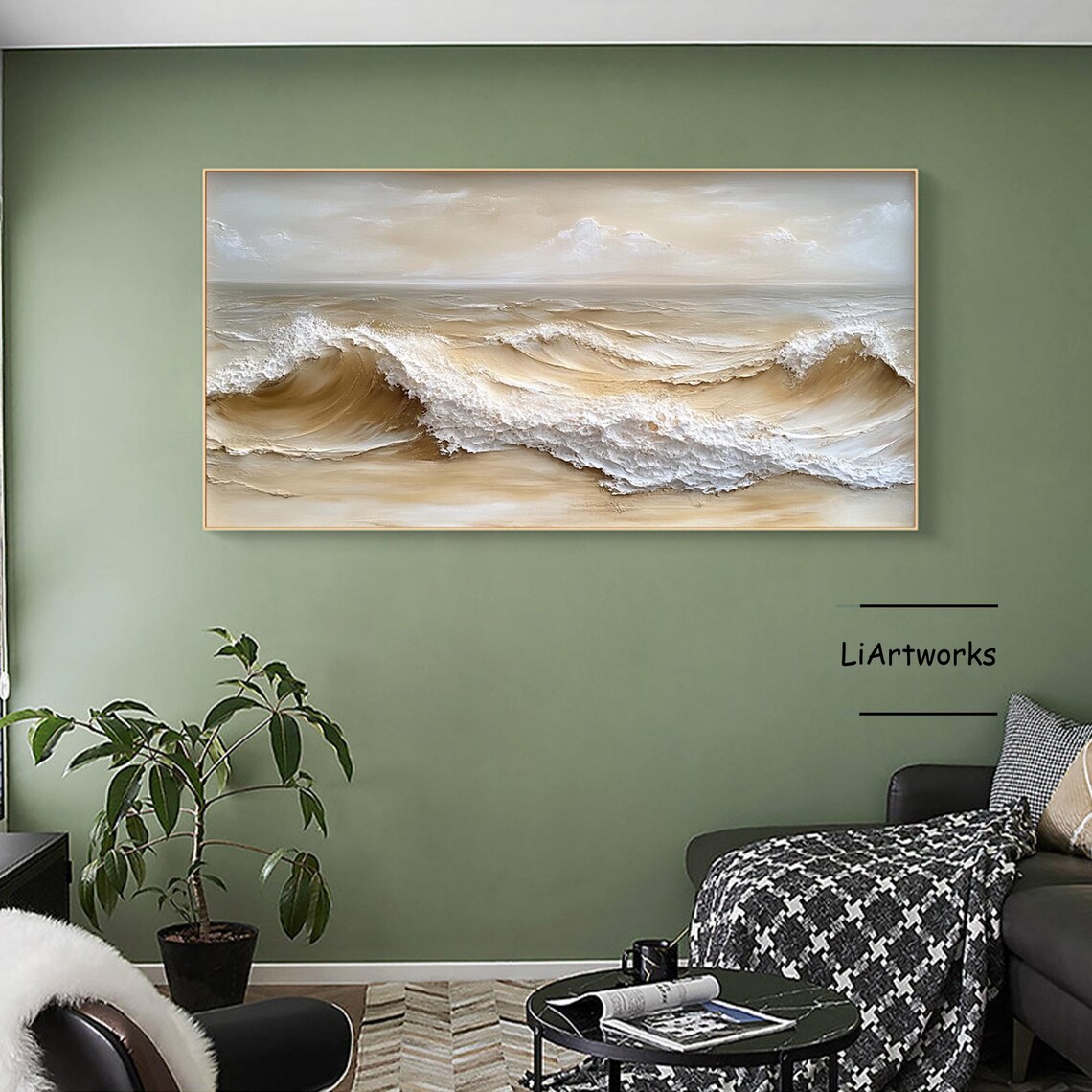 Golden Beach Wave Curling With White Foam Textured Art Poster - Image 3