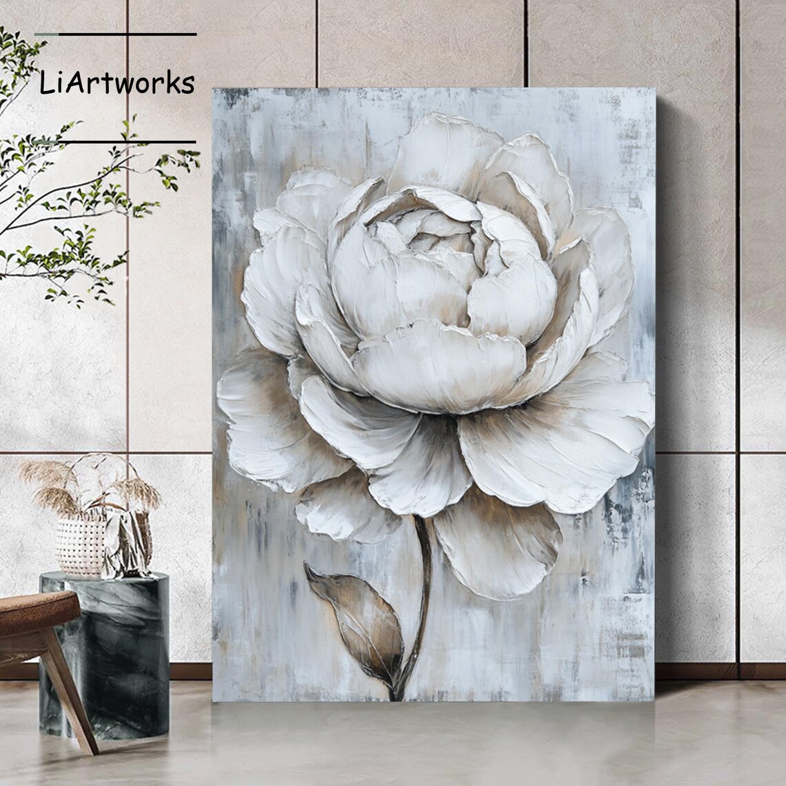 Large White Gray Flower Oil Painting On 3d Gray White Flower Textured Art Abstract Blooming Floral Painting Flower Acrylic Painting - Image 3