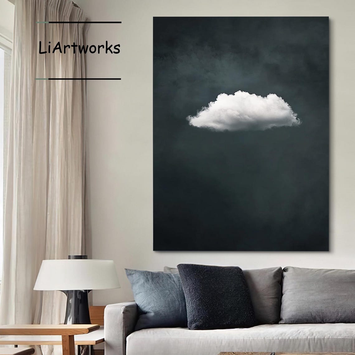 Lone White Cloud On Dark Night Sky Minimalist Art Wall Poster - Image 3