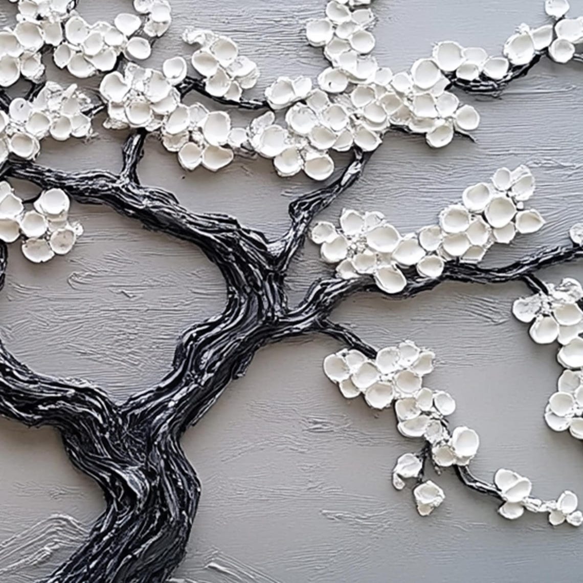 Monochrome Blossoming Tree Over Rolling Stylized Waves Art Poster - Image 2