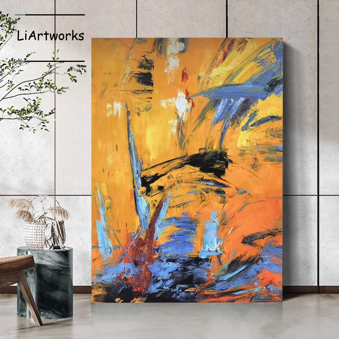 Fiery Orange Abstract With Blue And Black Dynamic Strokes Poster - Image 2