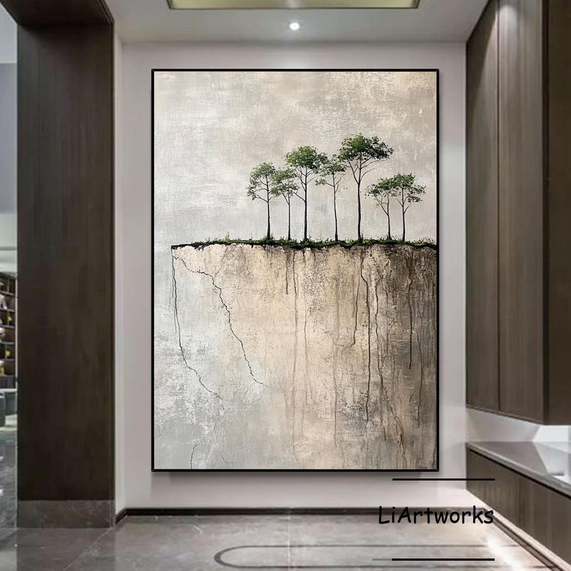 Five Small Green Trees on a Cliff Edge in Minimal Landscape Poster - Image 3