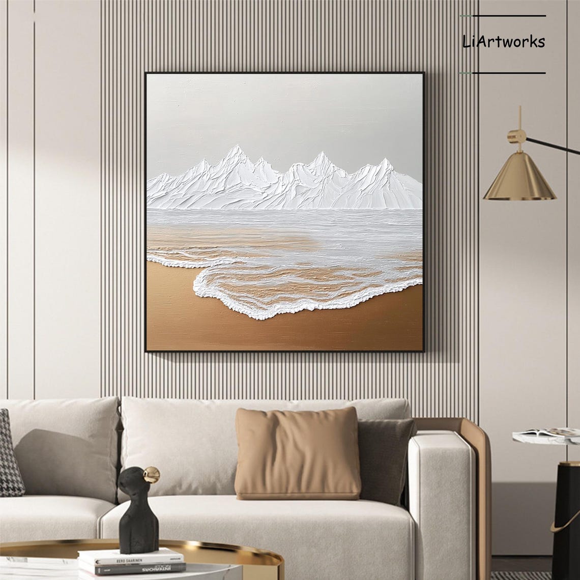 Textured White Mountain Peaks Over a Golden Sandy Shoreline Art Poster - Image 4