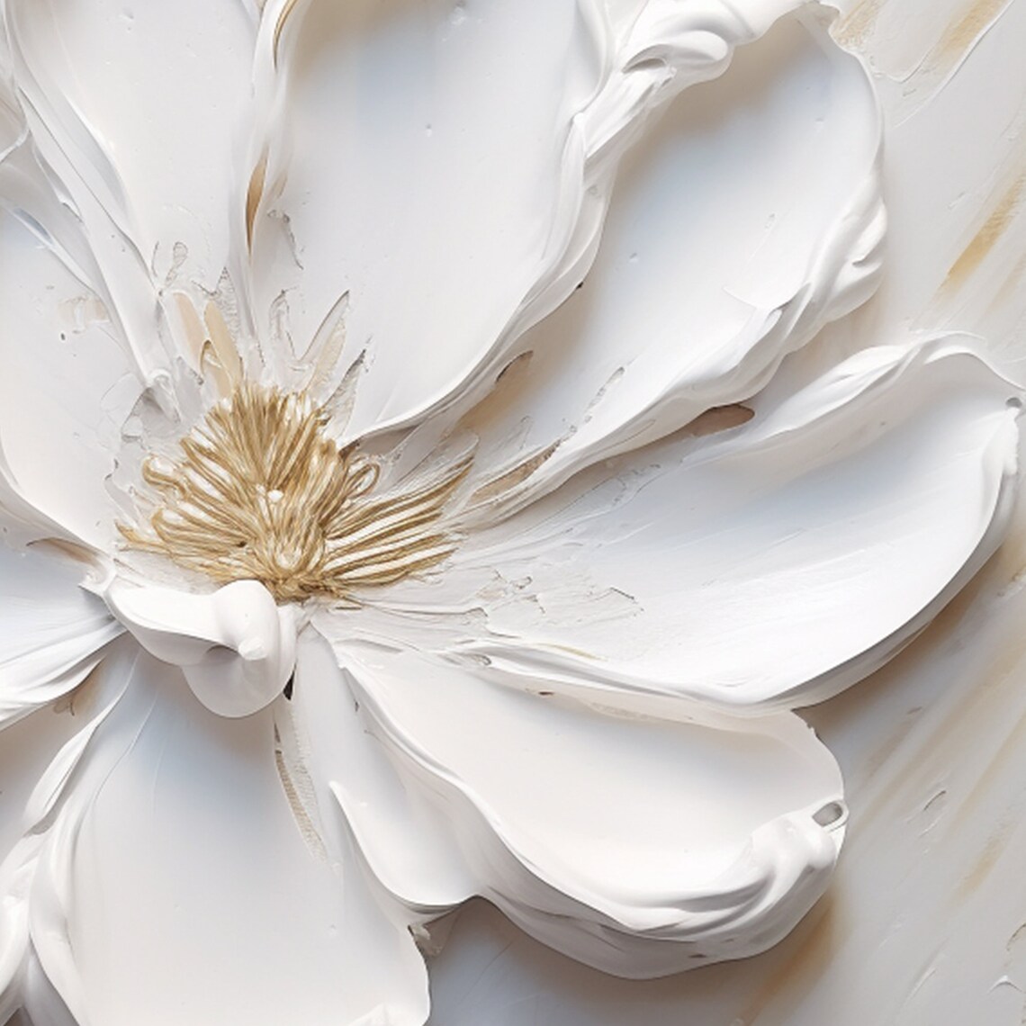 White Flower Gold Center 3D Textured Diagonal Paint Art Poster - Image 2