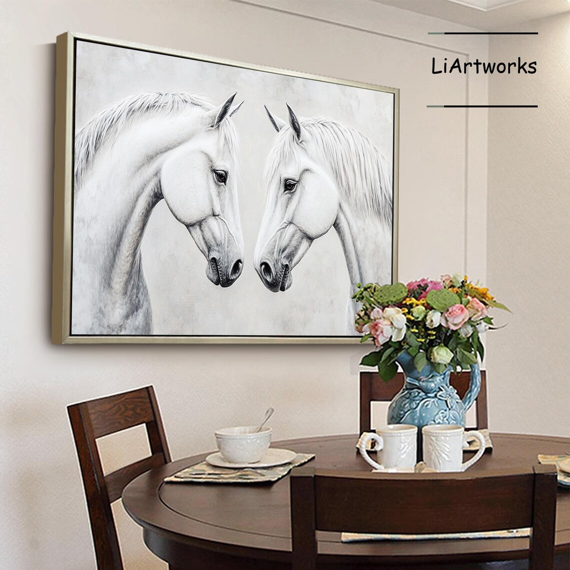 Mirrored White Horses Sketch Style Elegant Animal Art Wall Poster - Image 3