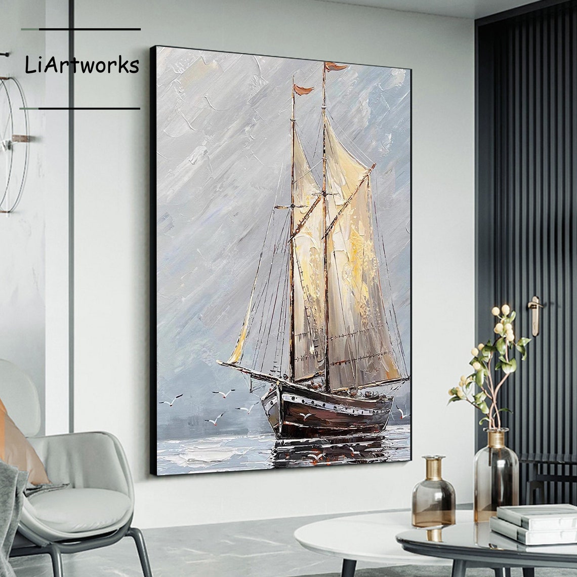 Extra Large Abstract Sailboat Oil Painting Original Nautical Painting Acrylic Textured Sailboat Painting Sea Landscape Art Living Room Decor - Image 4
