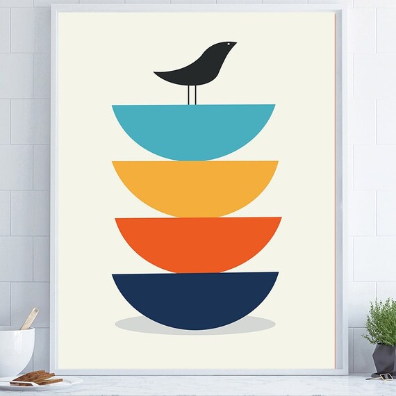 Mid Century Wall Art Bird Print Bowls Wall Art Retro Print Retro Art Print Geometric Art Living Room Art 60s Illustration