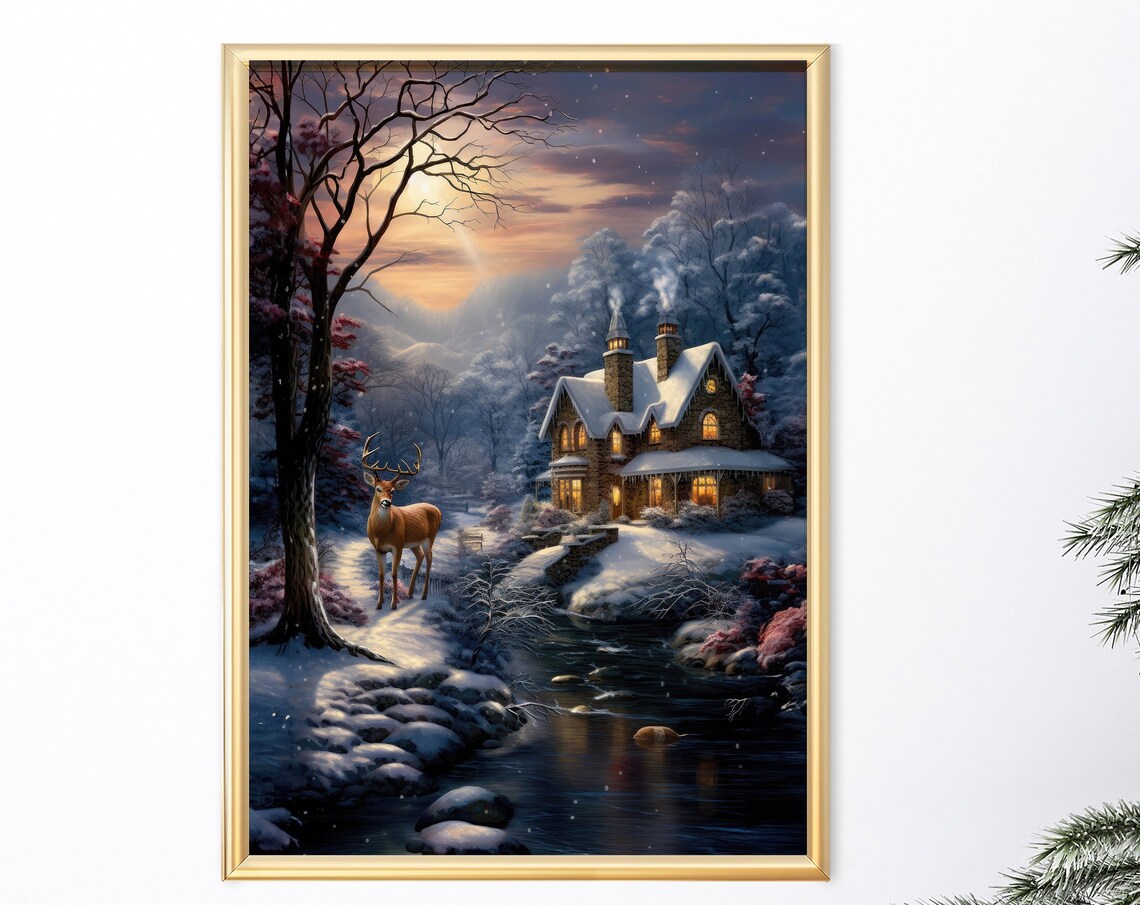 Stag By Moonlit River Near Lit Stone Cottage Winter Night Poster