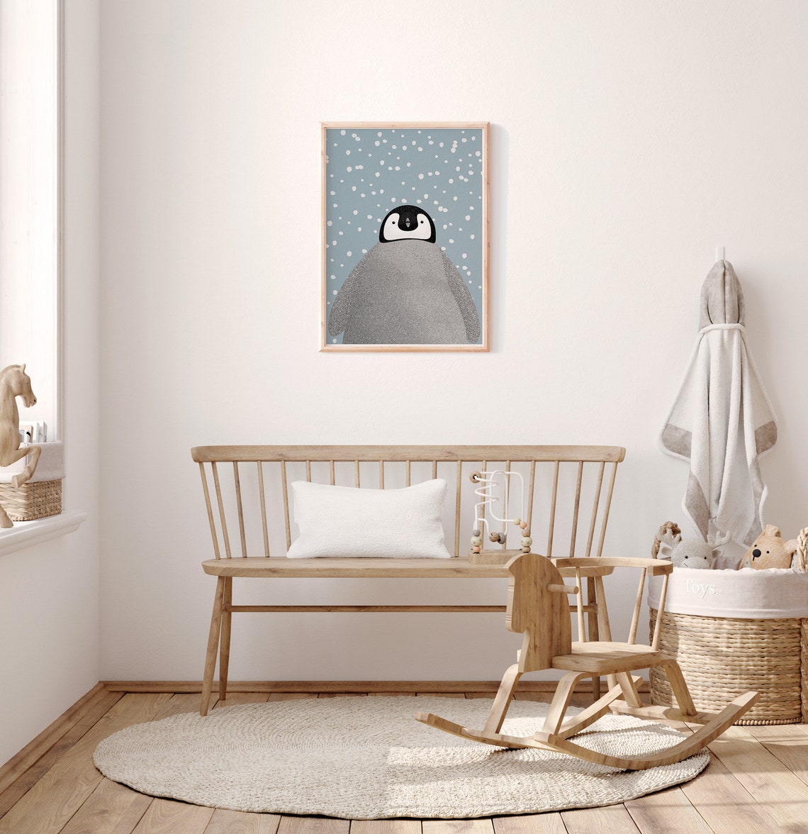 Baby Penguin In Falling Snow Blue Winter Nursery Animal Print - Image 2
