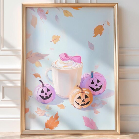 Pumpkin Spice Latte Halloween Art Pastel Coffee Wall Print Autumn Poster Jackolantern Fall Painting