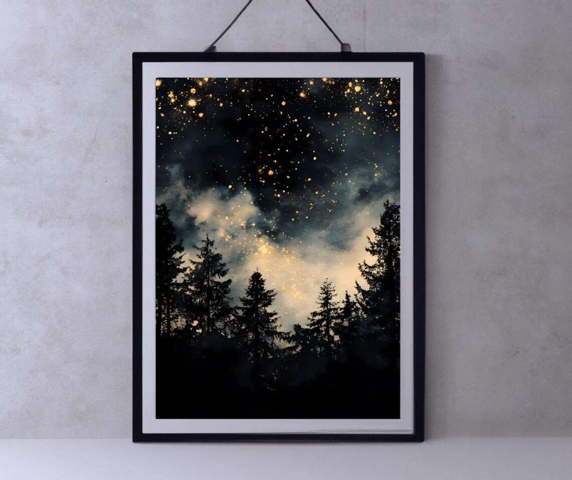 Starry Golden Night Sky Over Pine Forest Silhouette Watercolor Poster