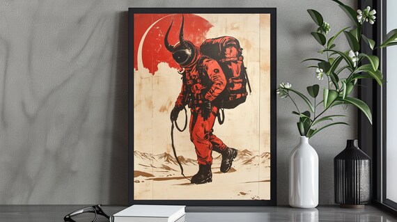 Red Horned Astronaut Walking Alien Planet Retro Sci-Fi Art Poster