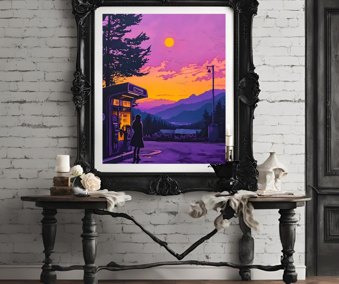 Retro Gas Station at Sunset in Dreamy Purple and Orange Tones Poster - Image 4