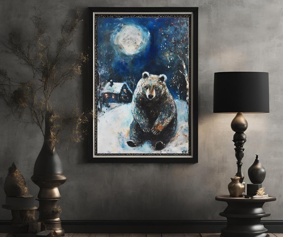 Winter Bear Under a Full Moon in a Snowy Village Night Art Poster - Image 2