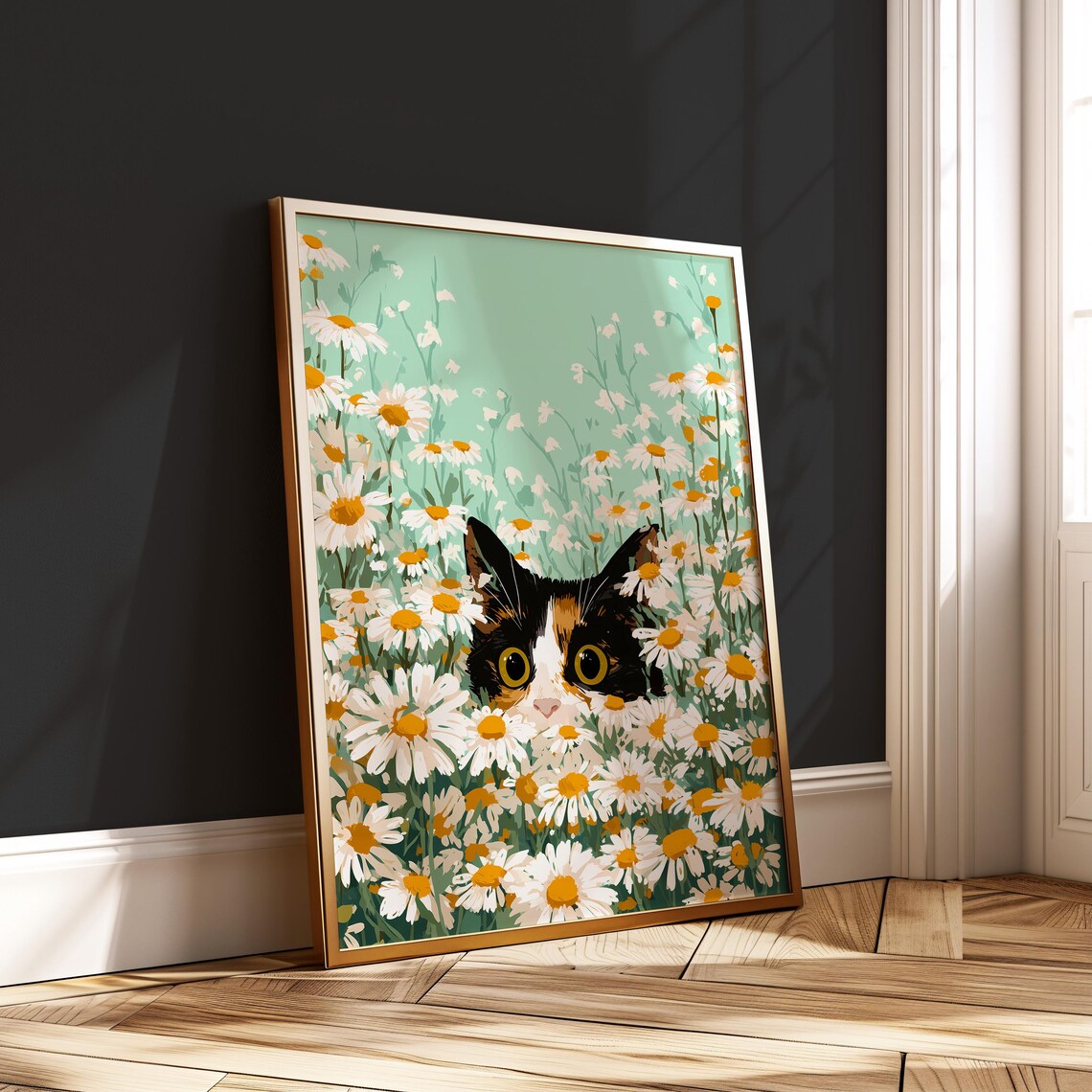 Calico Cat Daisy Floral Poster, Cute Kitten Decor