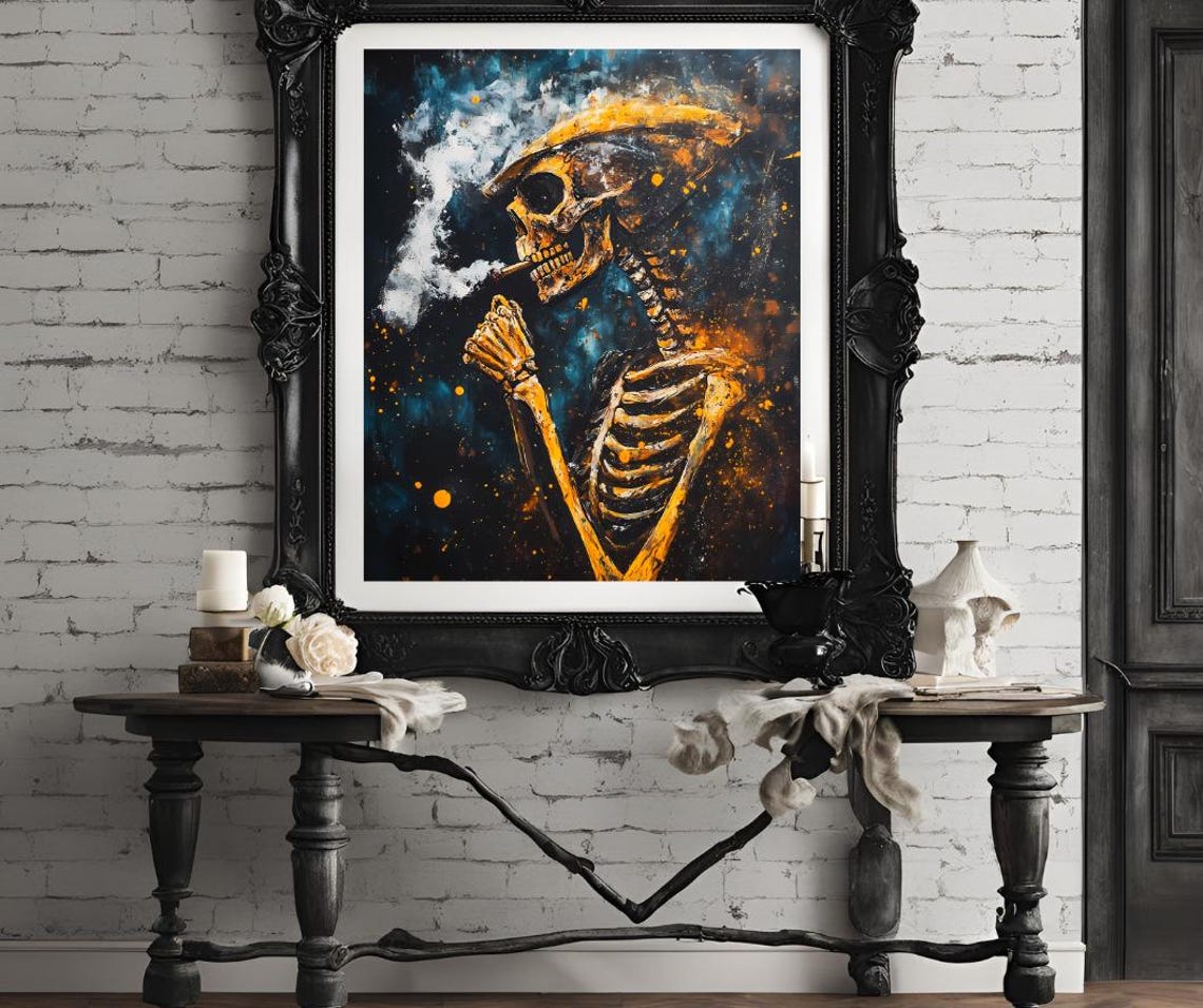 Skeleton In Flat Cap Smoking On Cosmic Blue Background Poster - Image 4
