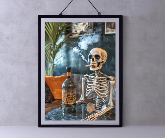 Skeleton Smoking Cigarette Beside Bottle Photorealistic Bar Poster