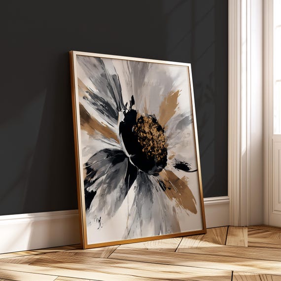 Bold Abstract Flower Art Black White Gold Brush Stroke Print Modern Neutral Wall Decor Floral Painting Instant