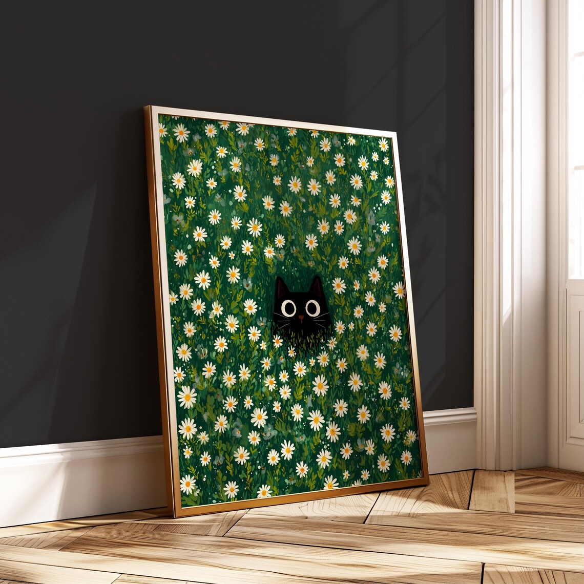 Black Cat Daisy Wall Art Print Cute Minimalist Poster Floral Boho Decor