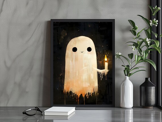 Adorable Smiling Ghost Holding a Lit Candle on a Black Background Poster