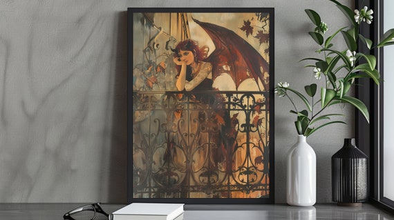 Bat Woman Vintage Gothic Dark Art Print
