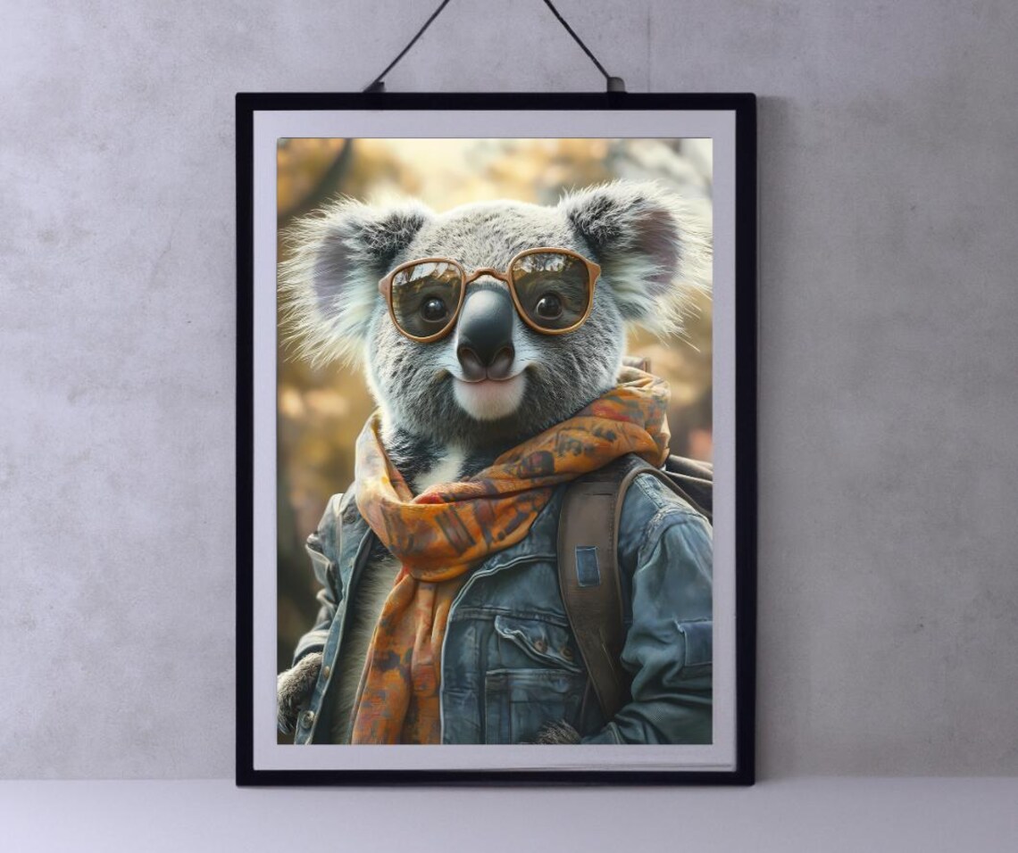 Koala Backpacker With Sunglasses Scarf and Denim Jacket Art Poster