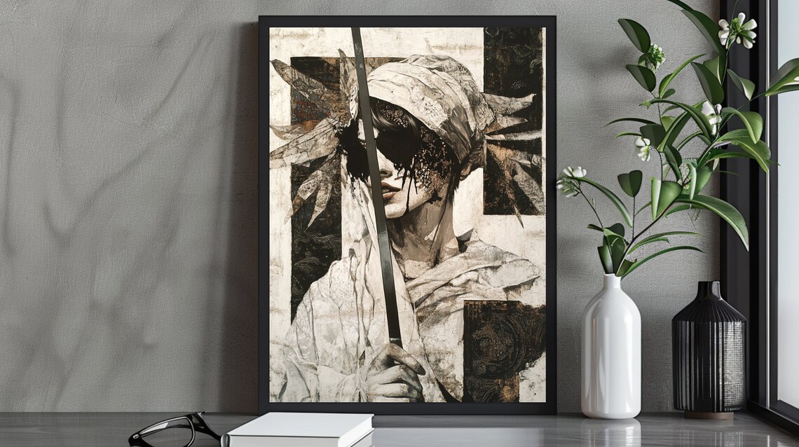 Edgy Abstract Samurai Girl Warrior Sword Art Print Black White Anime Wall Decor