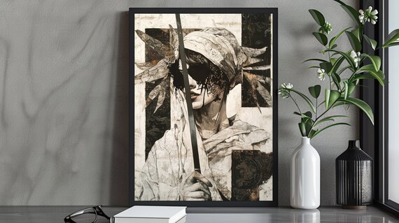 Edgy Abstract Samurai Girl Warrior Sword Art Print Black White Anime Wall Decor