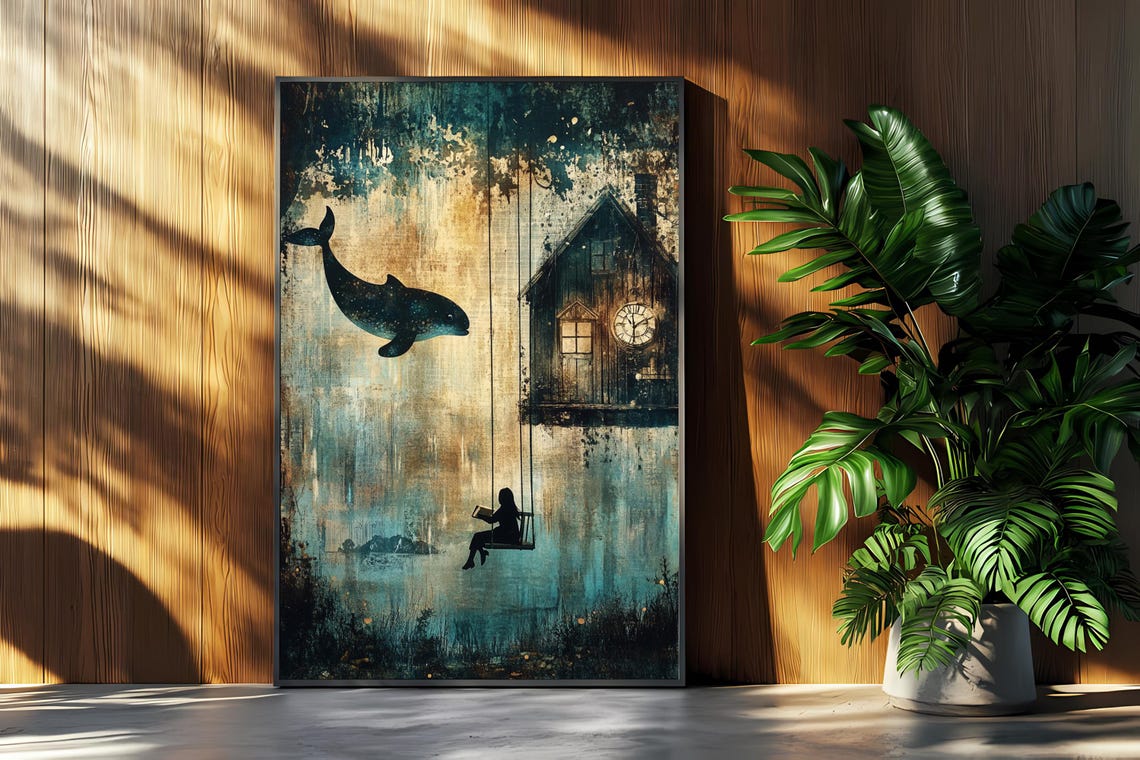 Surreal Girl On Swing Art Print Whale House Dreamscape