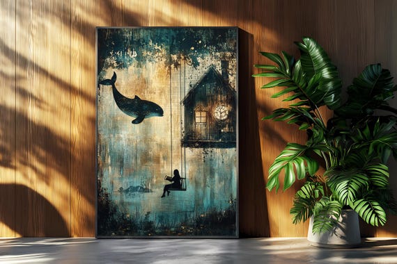 Surreal Girl On Swing Art Print Whale House Dreamscape
