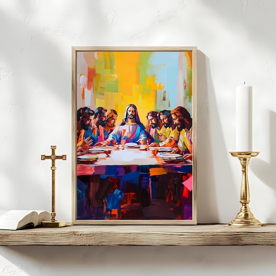 Abstract Colorful Last Supper Painting Christian Modern Canvas Wall Art