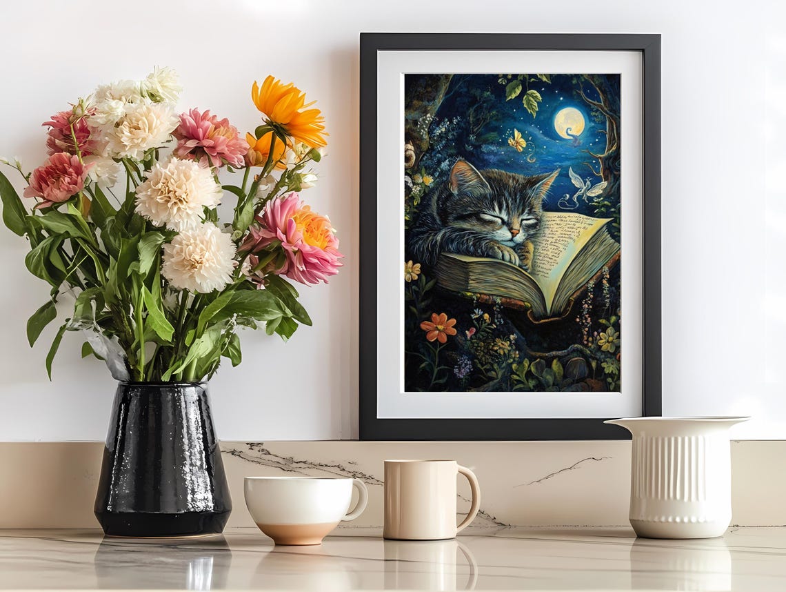 Dreamy Tabby Cat Sleeping Peacefully on a Magical Open Book Poster - Image 2