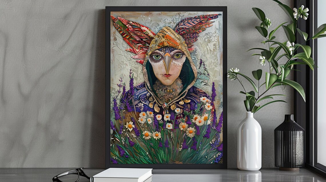 Owl Woman Fantasy Portrait Lavender Daisies Whimsical Art Poster