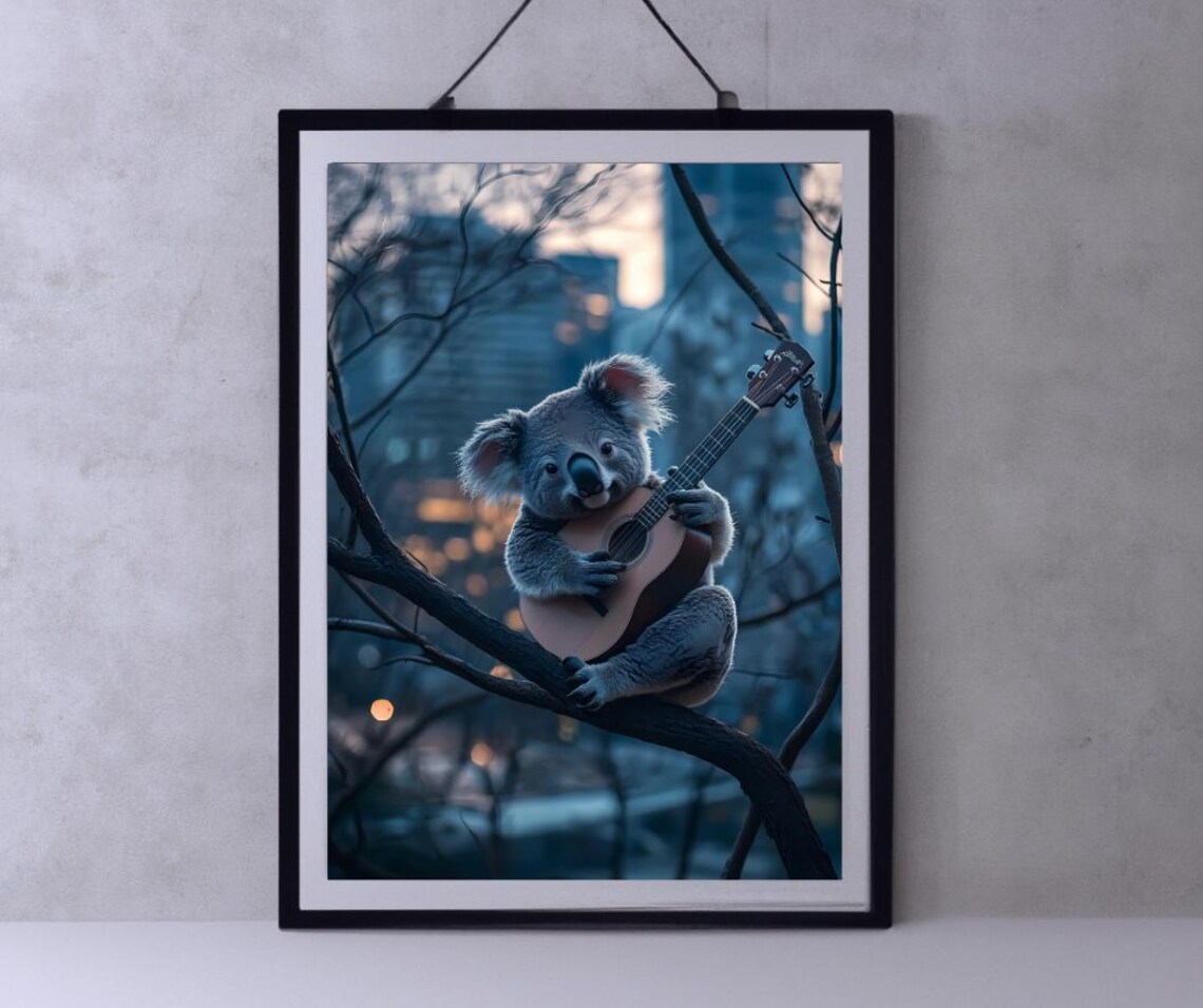 Koala Playing Guitar On Branch Night City Funny Animal Poster