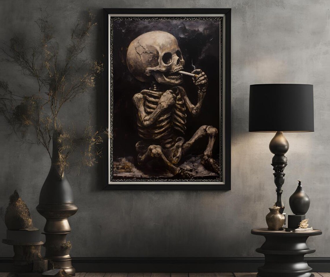 Skeleton Smoking Cigarette in Moody Sepia Oil Painting Art Poster - Image 2