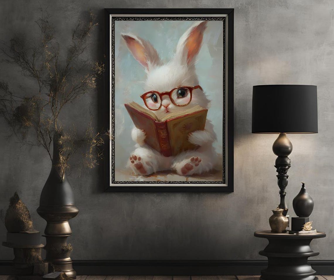 Cute Bunny With Glasses Reading Book Whimsical Nursery Art Poster - Image 2