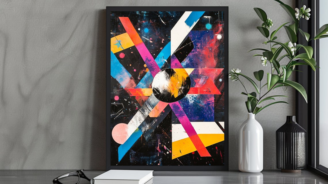 Bold Neon Geometric Cosmic Abstract with Planet Dark Modern Art Poster