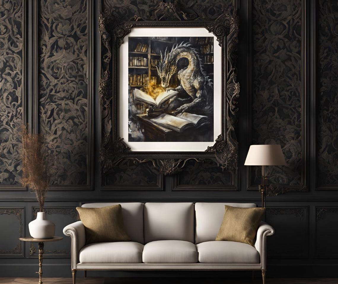 Majestic Dragon Reading a Glowing Book in a Dark Library Poster - Image 3