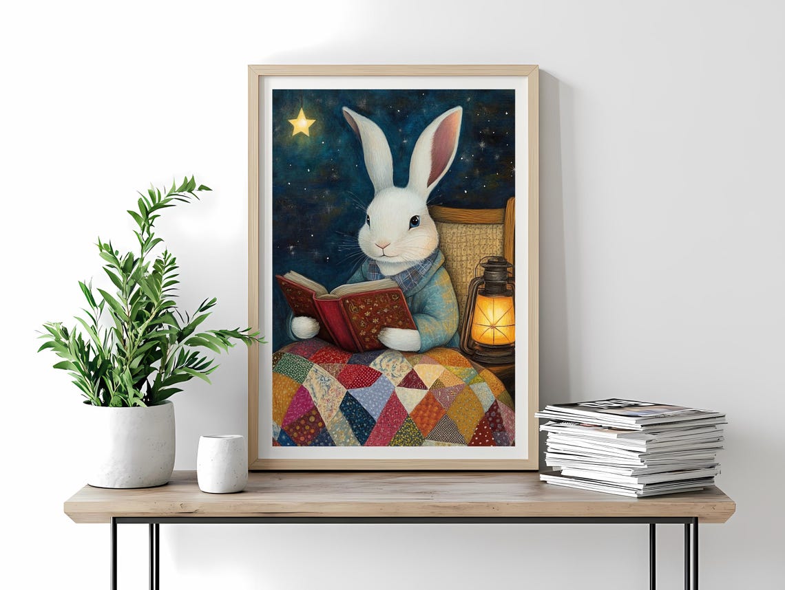 Whimsical White Bunny Reading Under a Starry Night Sky Poster