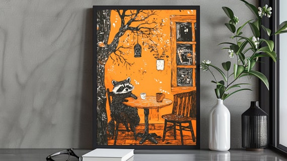 Raccoon Cafe Illustration Cozy Animal Art Print Whimsical Coffee Shop Decor Cute Kitchen Wall For Lovers