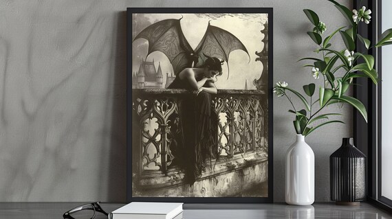 Brooding Dark Angel Woman On Gothic Balcony Sepia Tone Poster