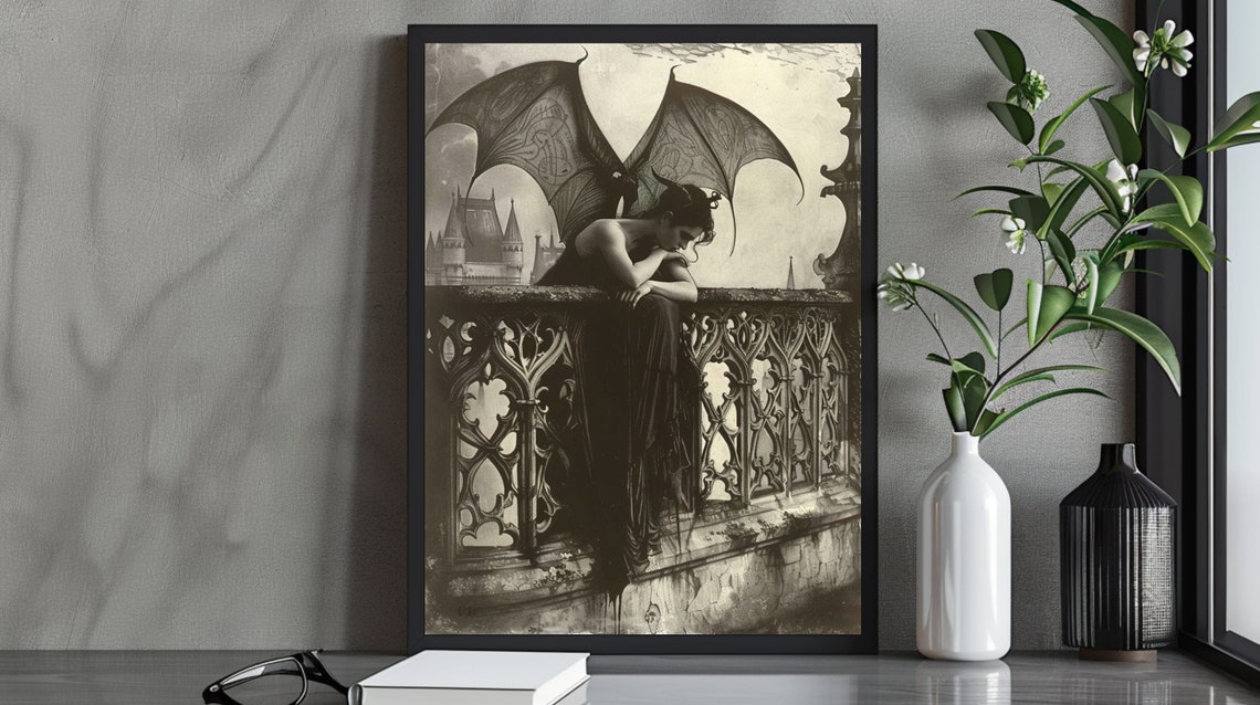 Melancholic Gothic Fantasy Art Print Dark Angel On Gothic Balcony Elegant Gothic Decor Atmospheric Dark Wall Art