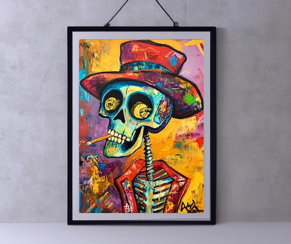 Colorful Skull In Red Top Hat Smoking Pop Art Skeleton Poster