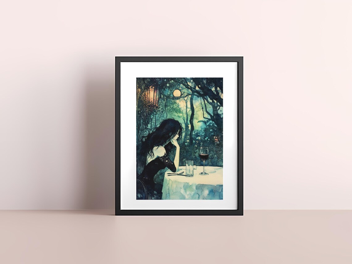 Melancholy Woman with a Glass of Wine at a Moonlit Forest Table Poster - Image 4