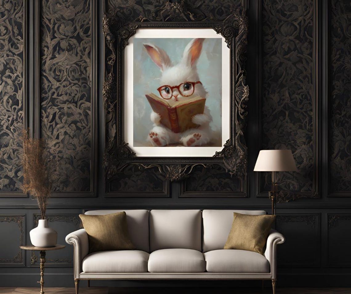 Cute Bunny With Glasses Reading Book Whimsical Nursery Art Poster - Image 3