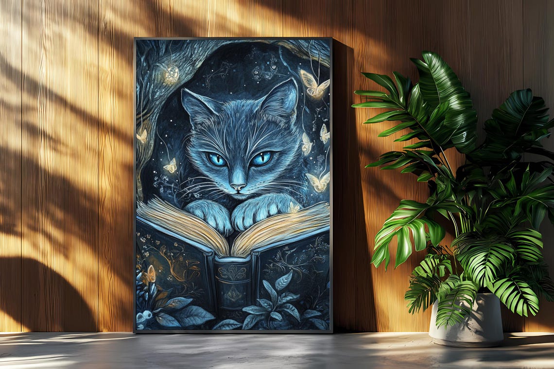 Enchanting Blue Cat with a Glowing Book and Golden Butterflies Poster - Image 2