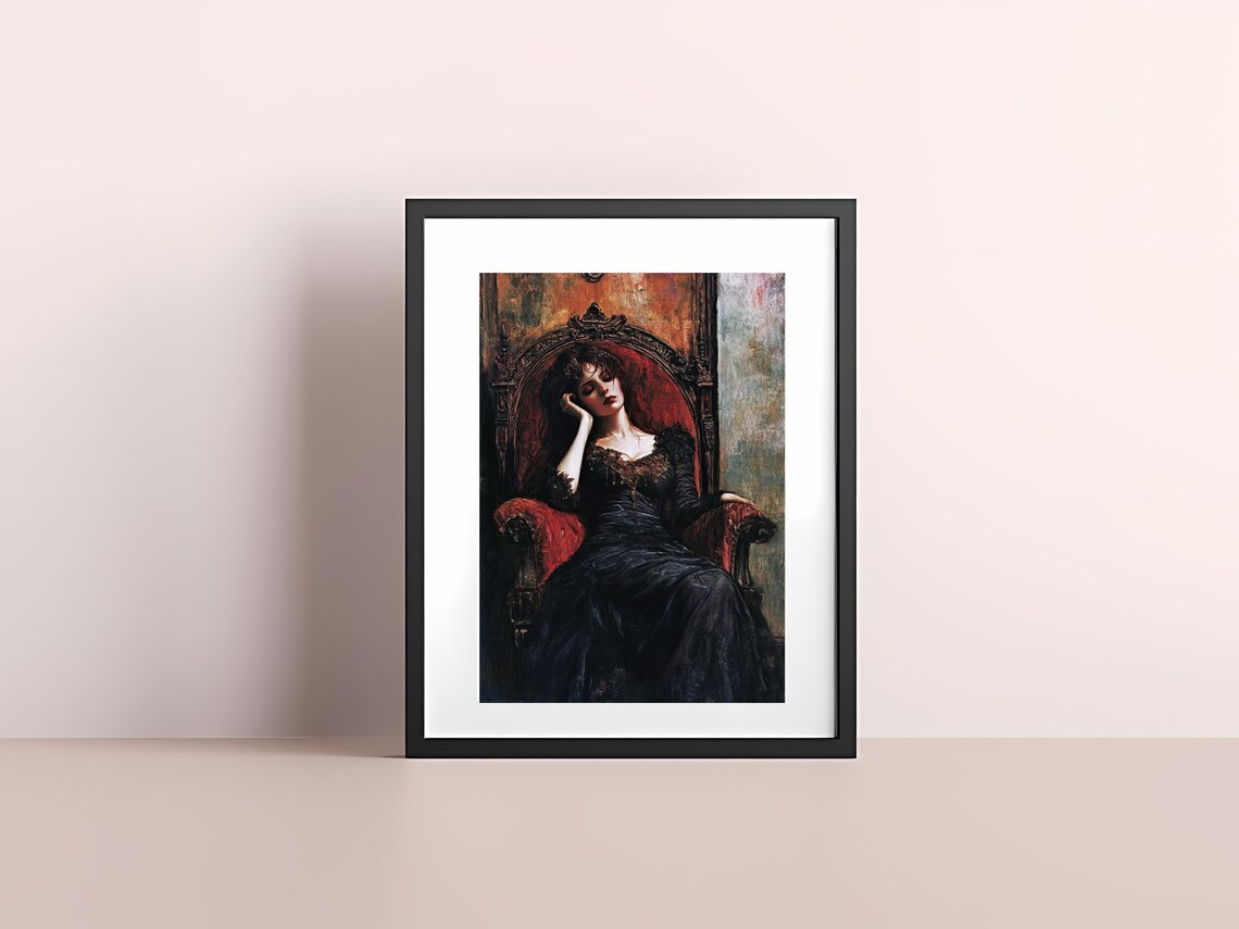 Victorian Woman Resting Ornate Chair Black Dress Elegant Art Poster - Image 4